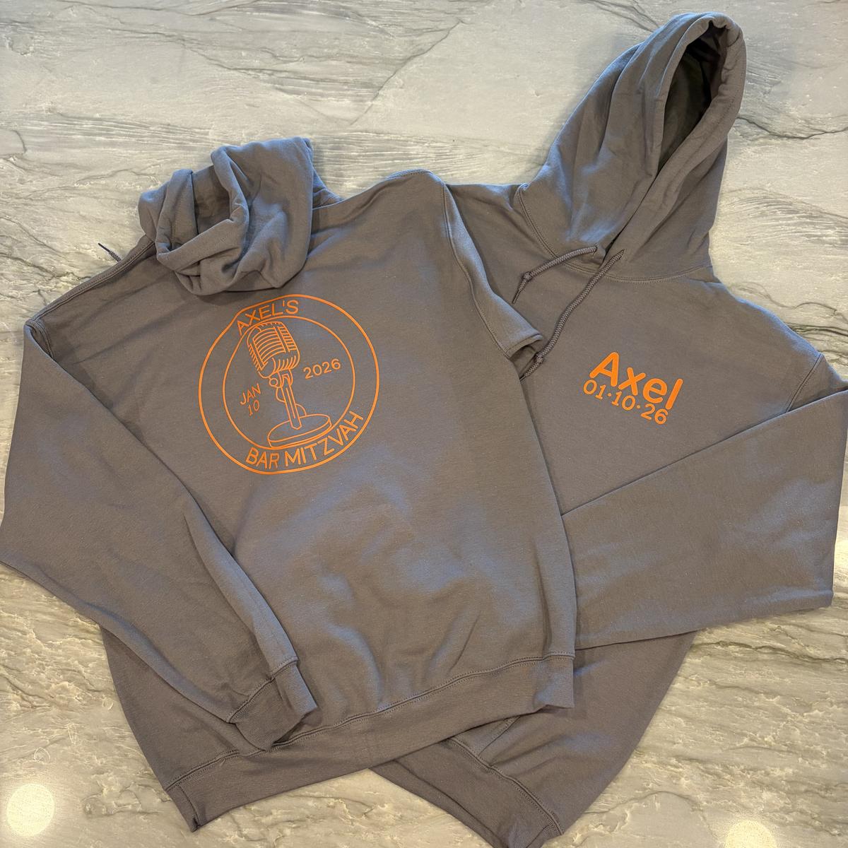 Grey custom bar mitzvah hoodies with a personalized logo and date